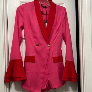 PrettyLittleThing Pink contrast frill sleeve blazer romper